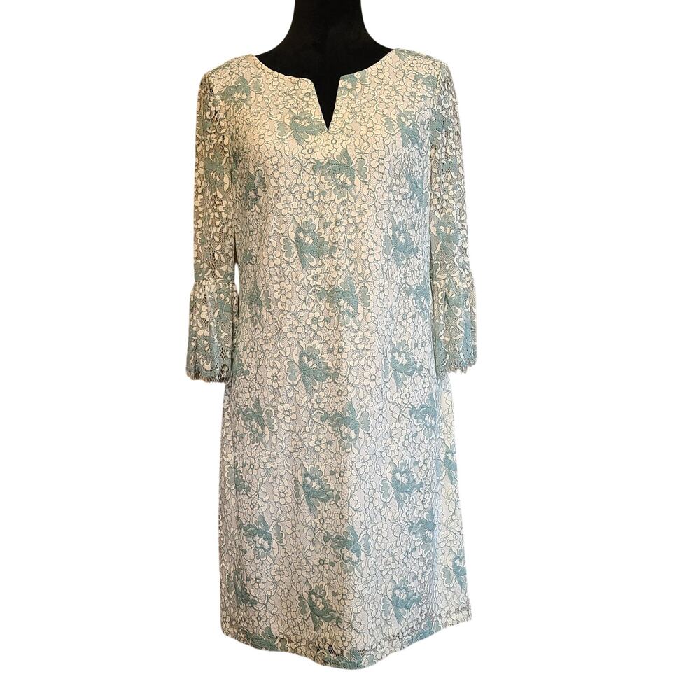 Adrianna Papell Lace Bell Sleeve Shift Dress Womens 12‎ Dainty Delicate Romantic
